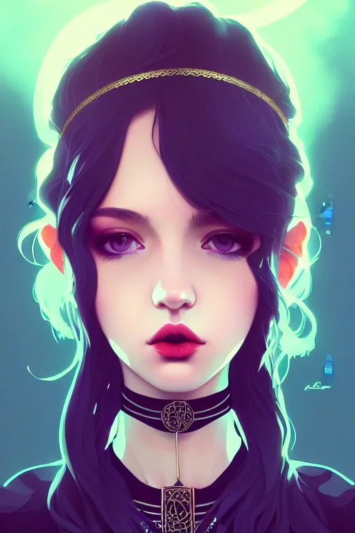 Prompt: extremely beautiful female portrait, accelerated perspective wavy hair, dof skin, dark choker on neck with feathers, enbowed + hollow background, soft light detailed illustration by ilya kuvshinov / serafleur / rossdraws / tian zi, sharp focus, vibrant eyes and pupils, moody lighting from top, lipstick on lips, d & d fantasy race