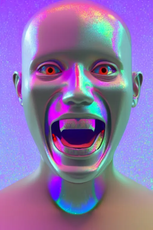 Image similar to 3d render of holographic angry human robotic screaming angry bust made of glossy iridescent, screaming, bust, surrealistic 3d illustration of a human non-binary, non binary model, 3d model human, cryengine, made of holographic texture, holographic material, holographic rainbow, concept of cyborg and artificial intelligence