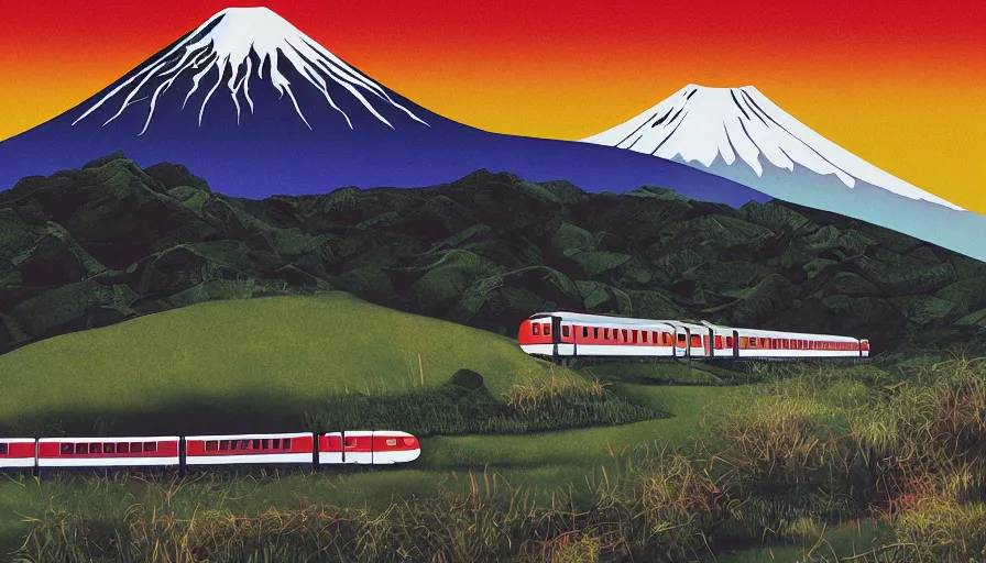 Prompt: award winning graphic design poster, cutouts constructing an contemporary art depicting a lone mount fuji and hills, rural splendor, and bullet train, isolated on white, and bountiful crafts, local foods, edgy and eccentric mixed media painting by Leslie David for juxtapose magazine