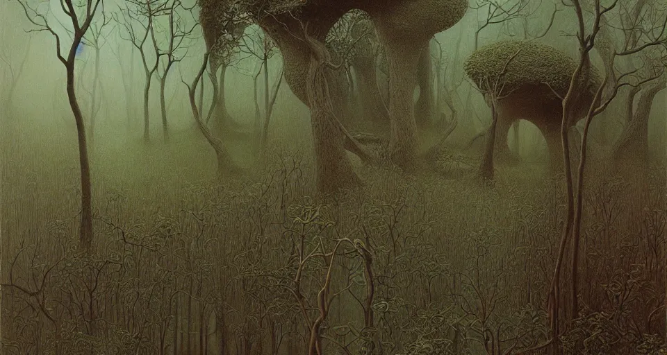 Image similar to Enchanted and magic forest, by Zdzisław Beksiński