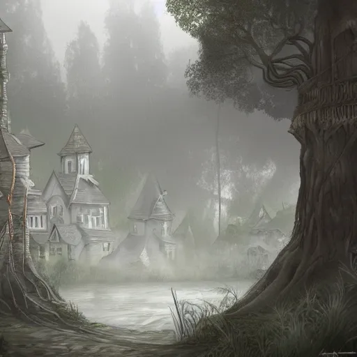 Image similar to village in the trees of a mysterious forest. mist. dusk. concept art. hyper detailed