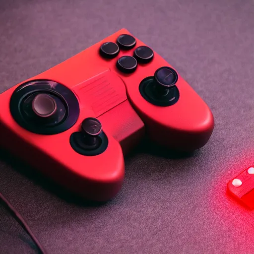 Prompt: vintage analog product photography of a game console, two controllers, bright red, studio lighting, film grain, lensflare, color bleed, glare