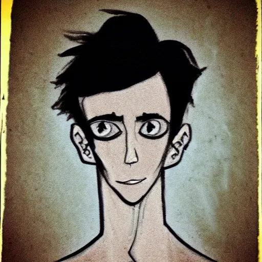 Image similar to young man portrait, black hair, skinny, sleep deprived, corpse bride art style