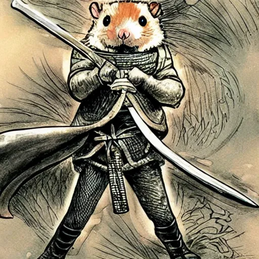 Prompt: a hamster holding a sword in the style of Berserk manga