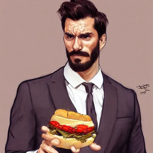 Prompt: man wearing a suit made of hotdog. he is dressed as a superhero. clean elegant painting, beautiful detailed face. by artgerm and greg rutkowski and alphonse mucha