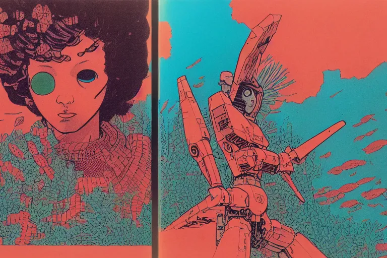 Image similar to risograph grainy drawing vintage sci - fi, satoshi kon color palette, gigantic gundam full - body covered in dead coral reef, 1 9 8 0, kodachrome, natural colors, comicbook spreadsheet, codex seraphinianus painting by moebius and satoshi kon and dirk dzimirsky close - up portrait