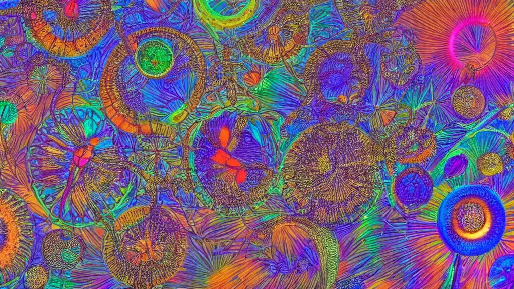 Image similar to quantum connections represented as symbiotic organisms like cells playing around with colorful lights by ernst haeckel, prismatic view