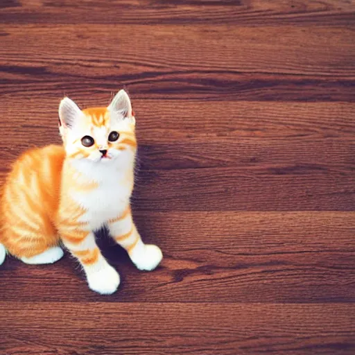 Image similar to cute fluffy orange tabby kitten, wooden floor