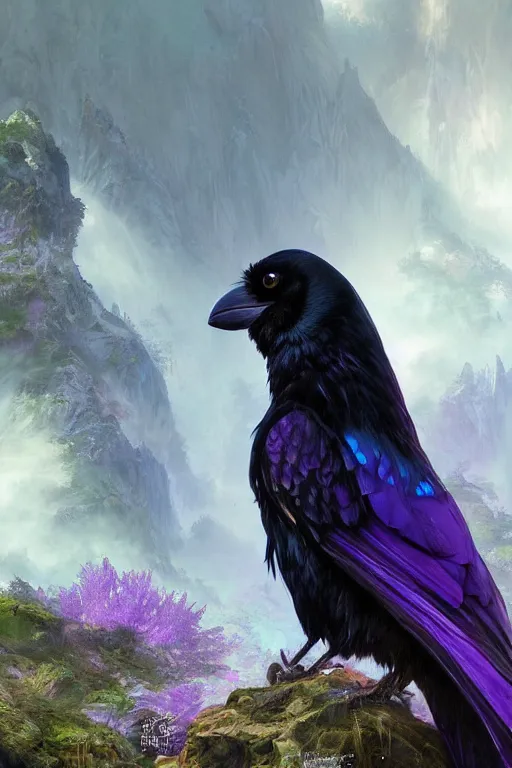 Image similar to portrait of a beautiful one raven perched on purple crystals that are glowing in a misty valley, establishing shot, extremly high detail, foto realistic, cinematic lighting, by yoshitaka amano, ruan jia, kentaro miura, artgerm, post processed, concept art, artstation, raphael lacoste, alex ross