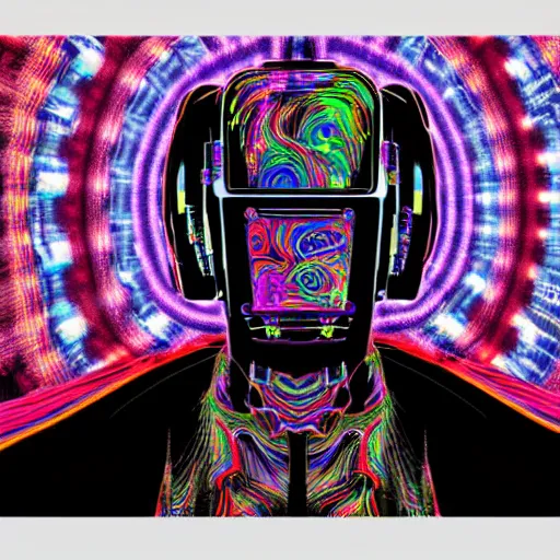 Image similar to mockup of a black tshirt with a hyperdetailed trippy portrait of a atompunk robot by hajime sorayama, 8 k, symetrical, flourescent colors, trippy mood, multicolored,