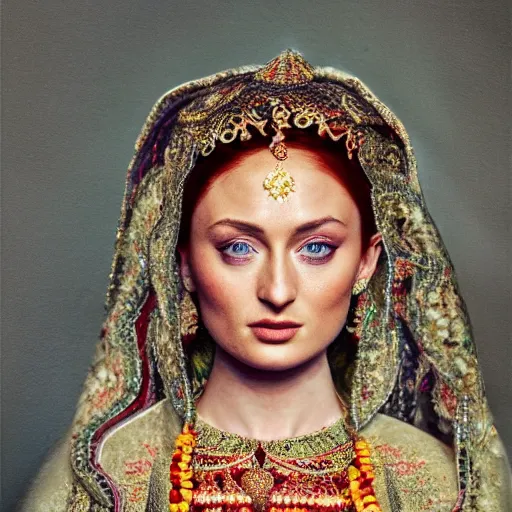 Image similar to 3 5 mm coloured film portrait of sophie turner as javanese bride, hyperrealism, photorealistic, detailed, atmospheric, 8 k, award winning photography, cinematic