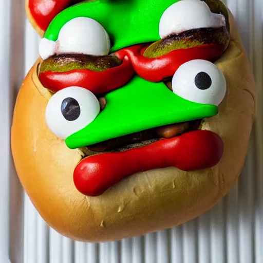 Prompt: pepe the frog in a hot dog bun piled on a grill