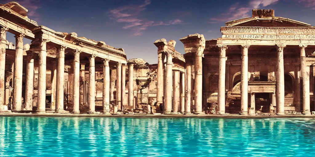 Prompt: a detailed photorealistic picture of an elegant pool in ancient Rome, shot in wide angle, photorealistic lighting, ultra detailed