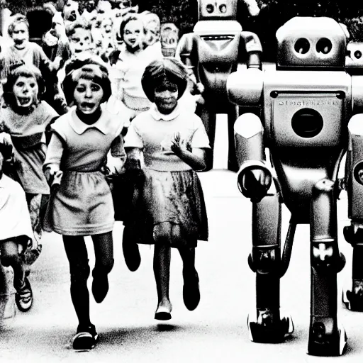 Image similar to in the style of 1960s, A scary robot is chasing after a bunch of scared kids down the street, fully detailed , fully detailed kids faces in focus