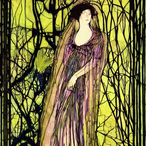 Prompt: a painting of a woman in a forest, a silk screen by harry clarke, deviantart, arts and crafts movement, pre - raphaelite, mixed media, creative commons attribution