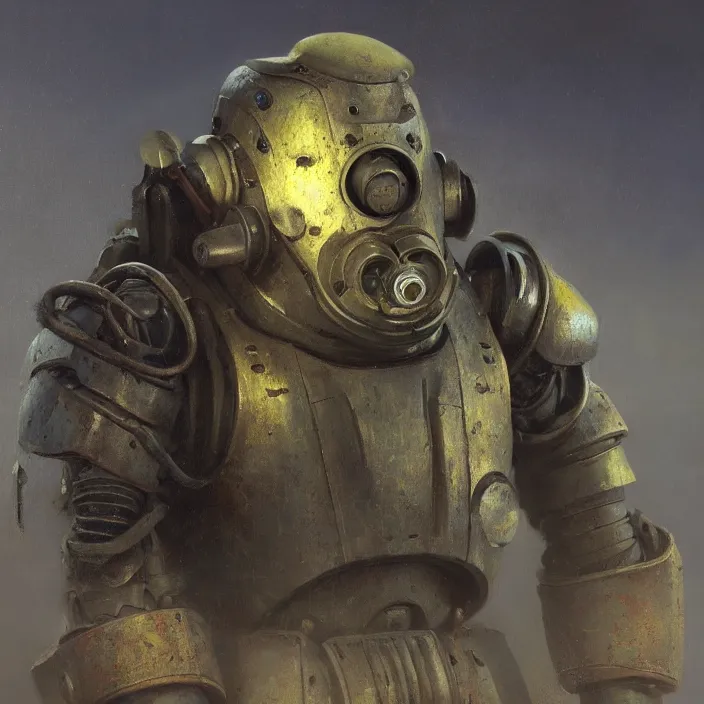 Prompt: a beautiful oil painting of a t - 5 1 power armor, fallout, fallout 4 by ivan aivazovsky and greg rutkowski and james gurney and frank lloyd and sung choi and monet, in style of impressionnisme. hyper detailed, sharp focus, soft light. unreal engine 5 lumen. ray tracing. trending on artstation. oil on canvas