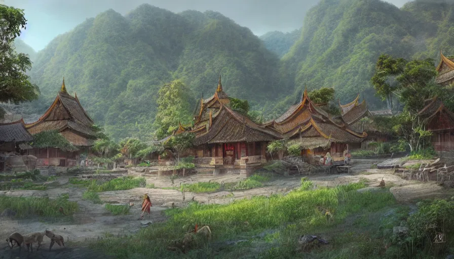 Image similar to matte painting of a beautiful tai yai village, digital art, trending on artstation