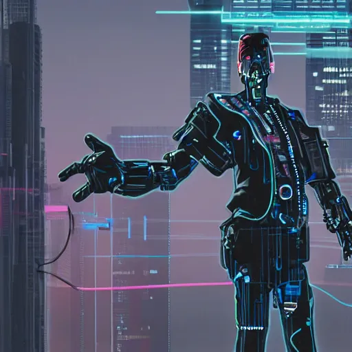 Prompt: a cyberpunk cyborg, half man, half machine