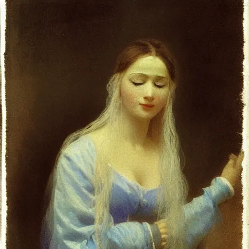 Prompt: a young woman’s face, her hair is white, her eyes are covered with a flowing blue satin blindfold, she is wrapped in flowing silver silk fabric, by ivan aivazovsky and alma tadema and and willen claesz heda and aelbert cuyp and gerard ter borch