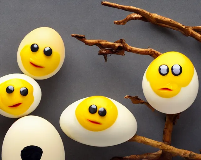 Prompt: eggs with happy faces on them. they have arms and legs made of twigs. yolk is pouring out of their snout. they had a hearty laugh. boogers are coming out of their noise.