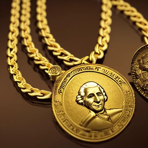 Image similar to a closeup photorealistic illustration of a happy George Washington holding wearing a chain around his neck with a small gold Doubloon coin as a necklace. This 4K HD image is Trending on Artstation, featured on Behance, well-rendered, extra crisp, features intricate detail and the style of Unreal Engine.