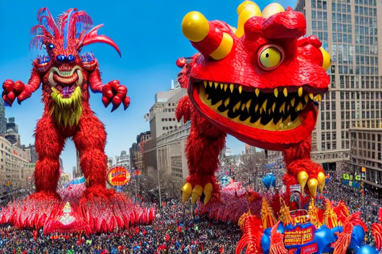 Prompt: photo of giant beautiful elaborate parade float monster designed by greg rutowski and geof darrow, in the macys parade, detailed 4 k photo, gigapixel, hyperdetailed