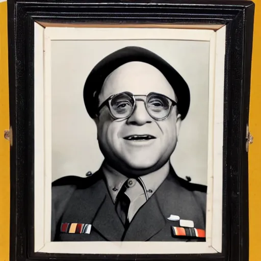 Image similar to 1942 portrait photograph, Danny DeVito in a Nazi officer's uniform