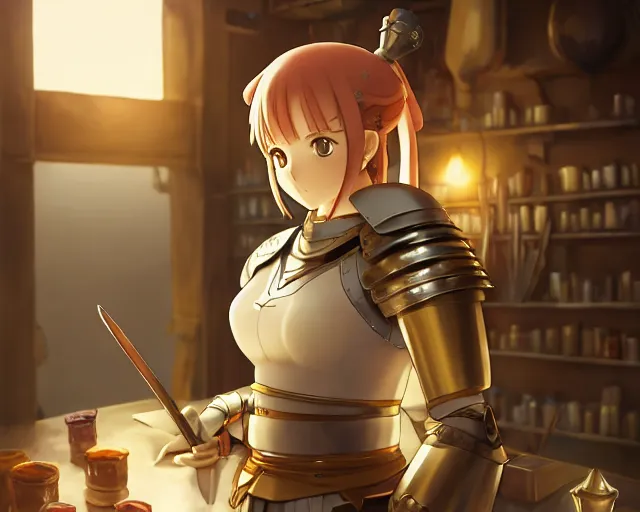 Prompt: anime visual, portrait of a young female knight wearing armor in a alchemist's shop interior, cute face by yoh yoshinari, katsura masakazu, studio lighting, dynamic pose, dynamic perspective, strong silhouette, anime cels, ilya kuvshinov, cel shaded, crisp and sharp, rounded eyes, moody