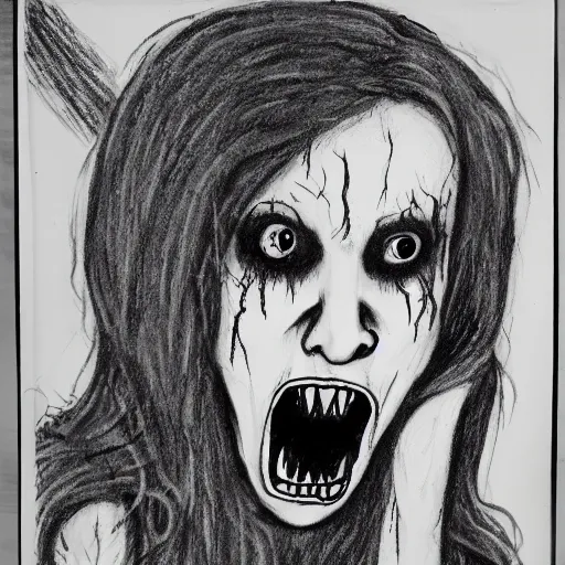 Image similar to a scary horror themed screaming woman, drawn with charcoal and pen and ink, half-tone-line-stacking