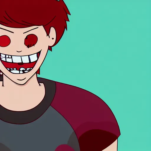 Image similar to a male cartoon teen in red with blood and an evil grin with injuries wearing white shirt on a burning background and short hair