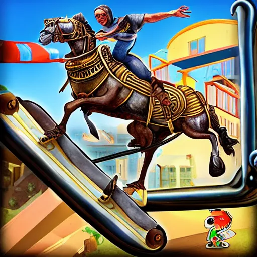 Image similar to roman horsedrawn chariot racer jumping high on half pipe, fish eye, tony hawk, video game