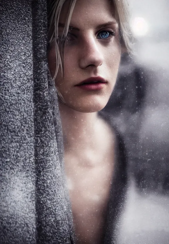 Image similar to cosmopolitan model annie leonhart posing in dunwall city, beautiful face, detailed face, realistic eyes, cinematic lighting, rainy weather, melancholy atmosphere, volumetric light, gothic architecture, realistic reflections, model agency, instagram photo, depression atmosphere, shot on sony a 7 iii