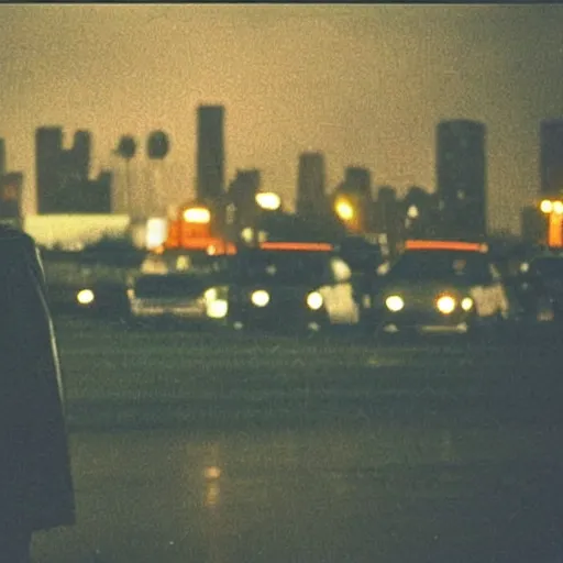 Image similar to “ nick stahl as an undercover cop walking in the rain at night in queens in the 1 9 9 0 s with the new york skyline in the distance. ”