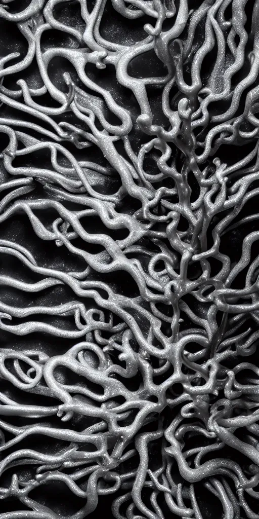 Image similar to a photorealistic render of a metallic spiky neotribal sea slug, greyscale, made of melted plastic and marble, c 4 d, by zhelong xu and ernst haeckel, wide angle, hyper realistic, plain black background, 8 k, volumetric lightning, octane render