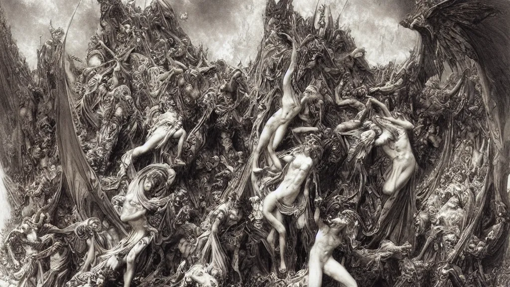 Prompt: satans fall from paradise into hell by gustave dore, james ryman, wayne barlowe, alphone mucha. beautiful color