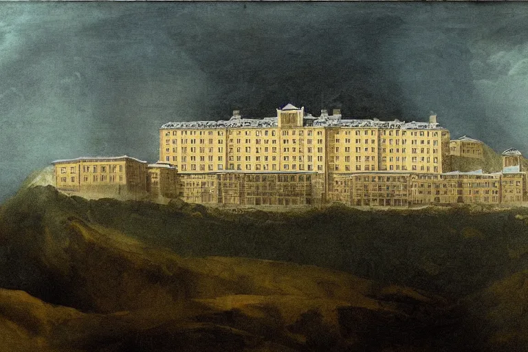 Prompt: The Shining Overlook Hotel, painted by Goya