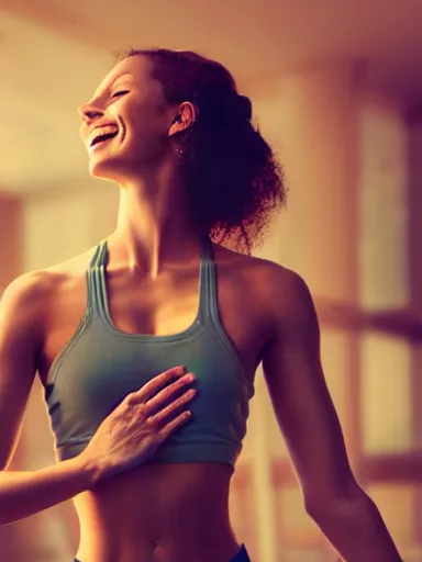 Image similar to a beautiful happy woman doing yoga at the gym. smiling popular girl. intricate, elegant, highly detailed, digital painting, artstation, cinematic shot, concept art, sharp focus, illustration, by justin gerard and artgerm, 8 k