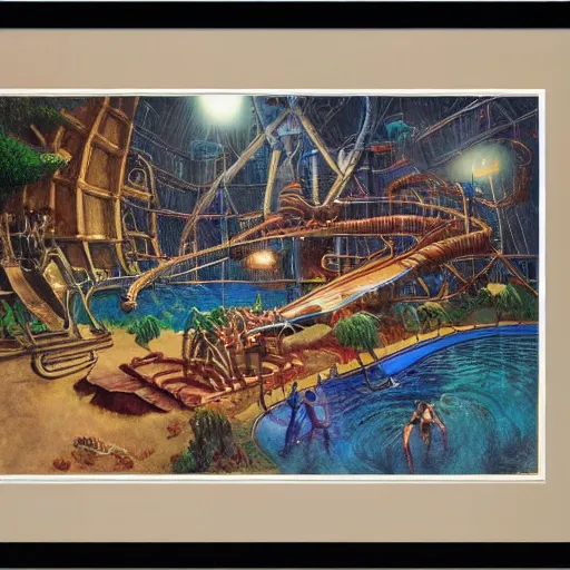 Prompt: vhs machine waterpark painting by brain froud, moebius, charles vess, cinematic lighting, epic composition, highly detailed