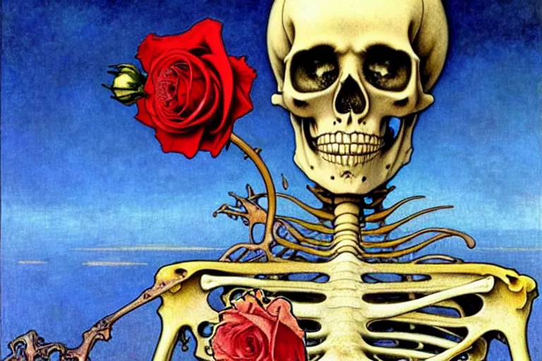 Image similar to realistic detailed portrait painting of a skeleton with a single rose in a dystopian desert by Jean Delville, Amano, Yves Tanguy, Alphonse Mucha, Ernst Haeckel, Edward Robert Hughes, Roger Dean, rich moody colours, blue eyes