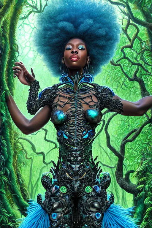 Image similar to hyperrealistic post - rococo super gorgeous! black woman with exoskeleton armor, merging with tree in a forest, highly detailed digital art masterpiece smooth cam de leon hannah yata dramatic pearlescent blue teal light ground angle hd 8 k sharp focus