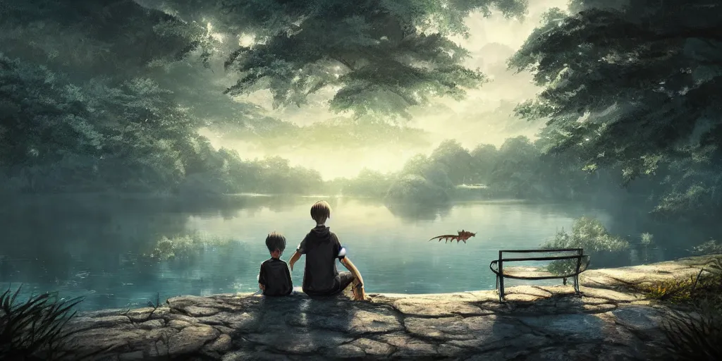 Image similar to a silver dragon and a boy sitting next to lake in forest, many fireflys, at night, concept art, dof, cryengine, digital art, detailed background, makoto shinkai