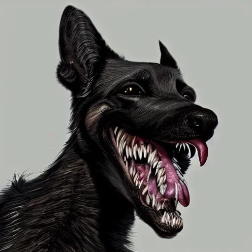 Image similar to venom dog version, ultra realistic, highly detailed, photorealism, scary, intricate detail, high res, textures, extremes, dark, twisted, black, wiry, superhero, antihero, powerful, teeth, licking tongue, dog, hair, german shepard trending on artstation