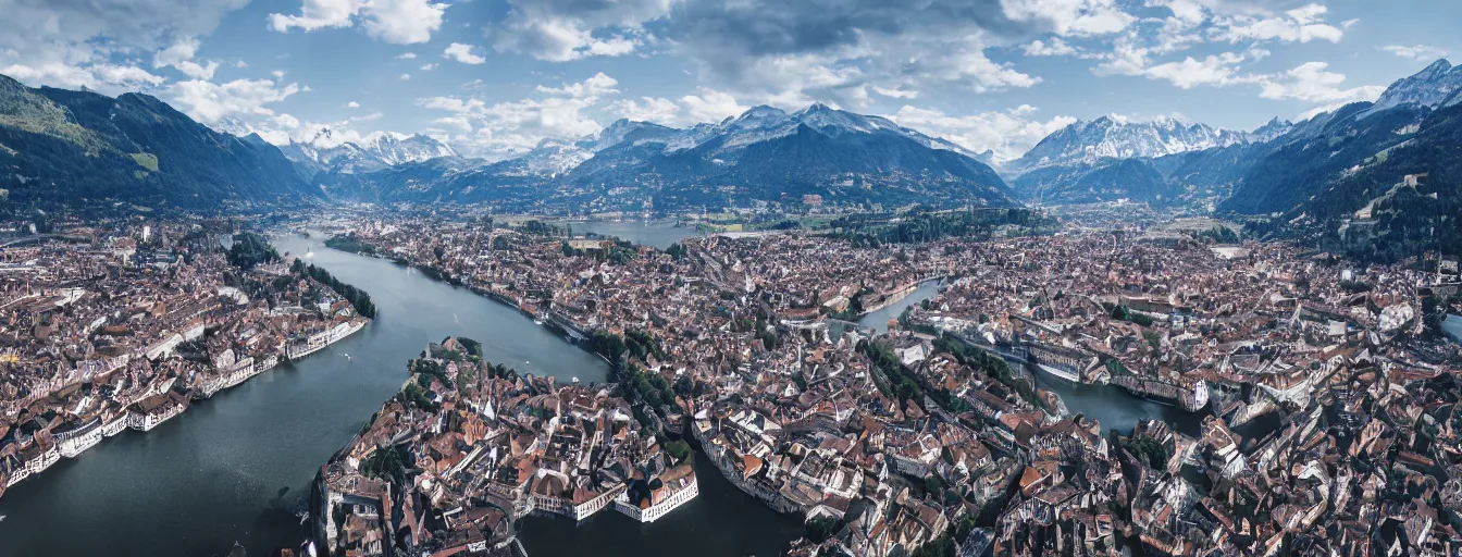 Image similar to Photo of Zurich, looking down the river at the lake and the alps, Hardturm, Grossmünster, wide angle, volumetric light, hyperdetailed, mountain water, artstation, cgsociety, 8k