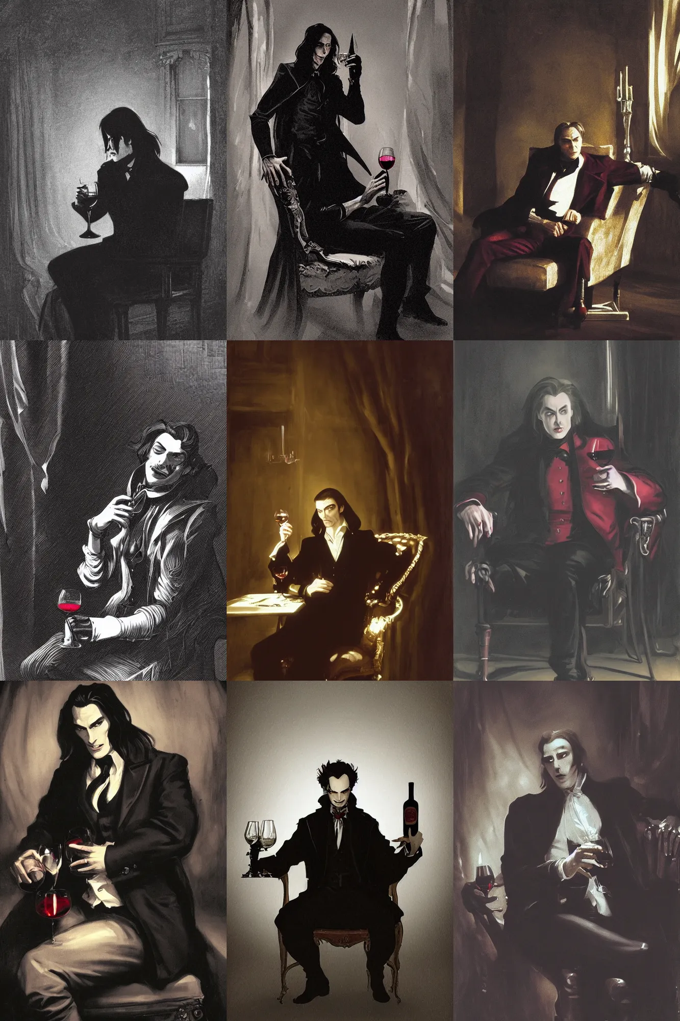 Prompt: character portrait of a vampire with one leg crossed over the other, facing the camera, holding a glass of red wine in his hand, sitting sitting dramatically on a chair in a dark room with trophies along the back wall, 8 k, castlevania, amazing value control, in the style of john singer sargent, dramatic lighting, spotlight from a window, sharp focus