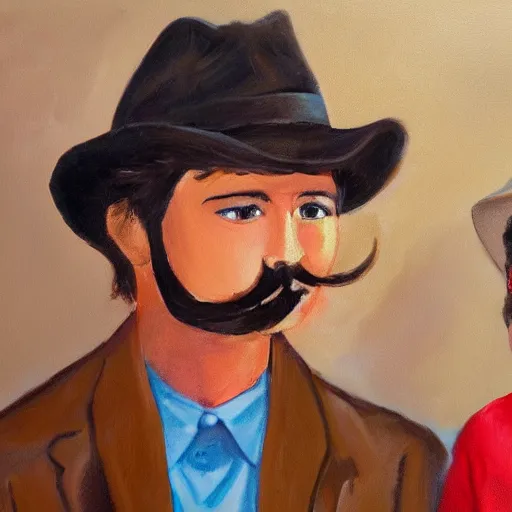 Image similar to a man with brown hair, mustache with a fedora hat, standing next to a boy with a red shirt a messy brown hair painting