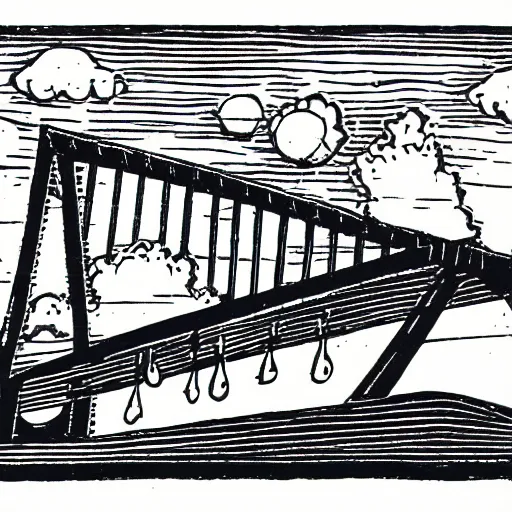 Image similar to small steel suspension bridge built in 1 9 2 8, side view, puffy clouds in background, ufo floating in the sky, woodcut style, rubber stamp, 8 k
