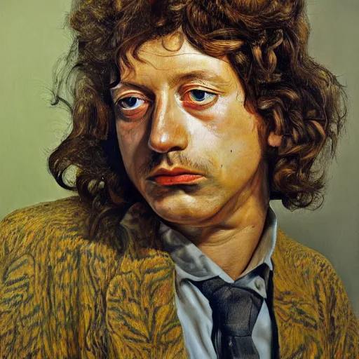 Image similar to high quality high detail painting by lucian freud, hd, jimi page from led zeppelin portrait