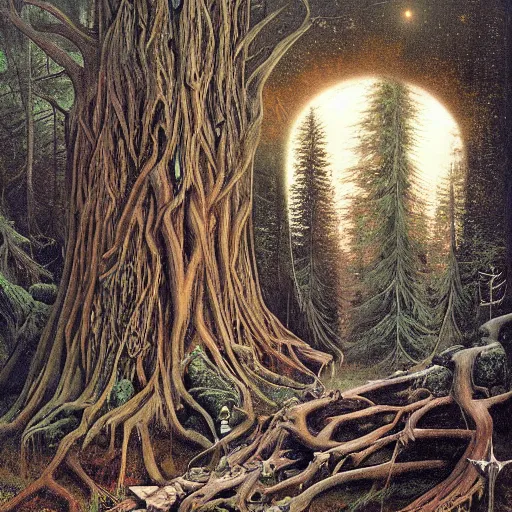 Image similar to dead forest, cosmic portal, stair in the forest by gerald brom