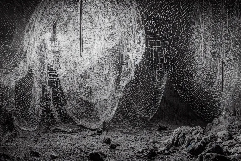 Image similar to portrait of a dusty armored skeleton covered in webs in an atmospheric cave By Emmanuel Lubezki