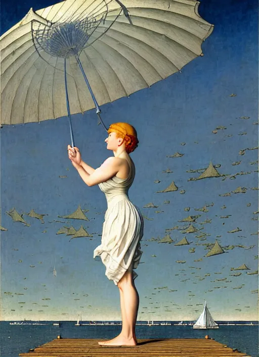 Image similar to a fancy beautiful young lady standing on a wharf at the edge of the sea by rob gonsalves and brom and gil elvgren and george petty and jean delville and william blake and norman rockwell, crisp details, hyperrealism, high detail, high contrast, low light, grey mist, cobblestones, dim lantern